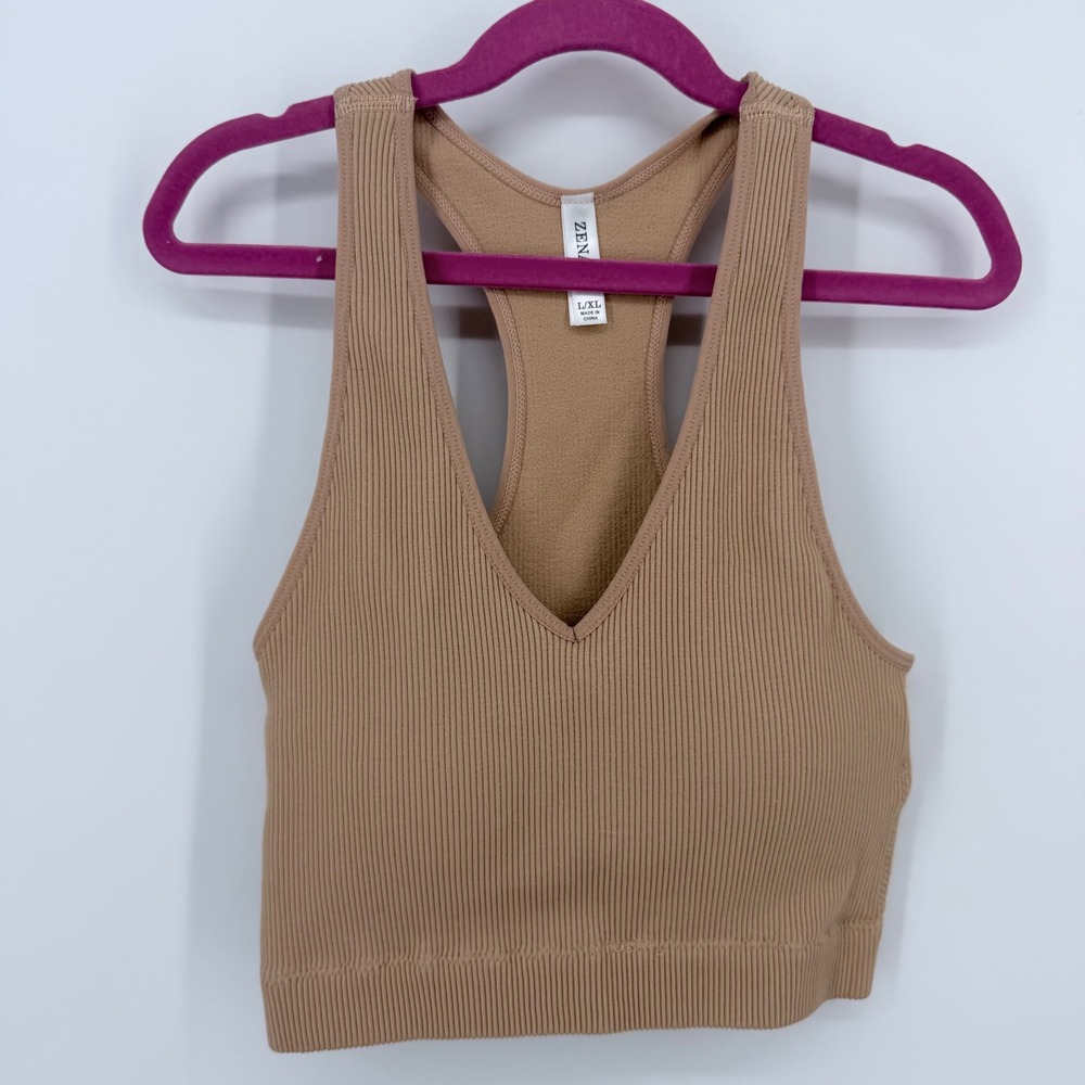 Zenana Nylon Ribbed Crop Top Womens L/XL Tan Excellent Seamless Racerback V-Neck